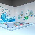 Vibrant Interior Space With Blue Wave Wall Art Water Drop Decorations And Colorful Mat