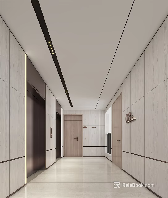Modern Elevator Lobby Design With Wooden Panel Walls Recessed Lighting And Elevator Doors 3d model