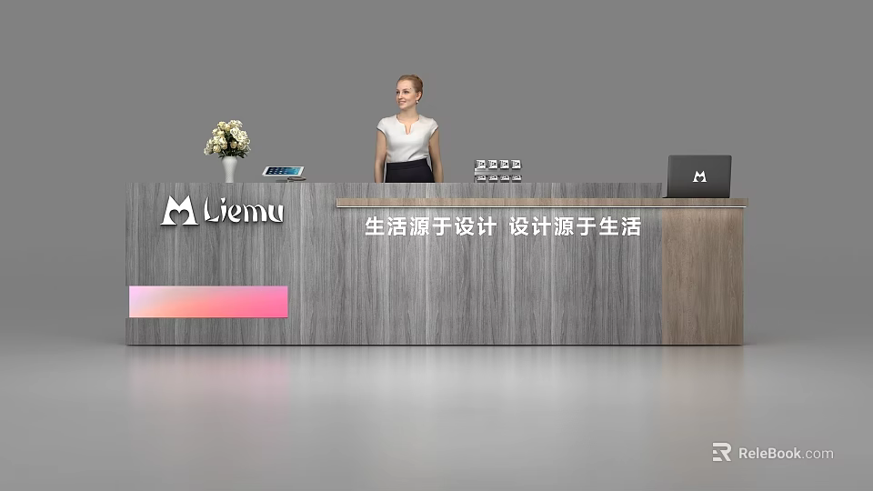 Modern Wooden Reception Desk With Flower Vase Tablet Laptop And Staff 3d model 