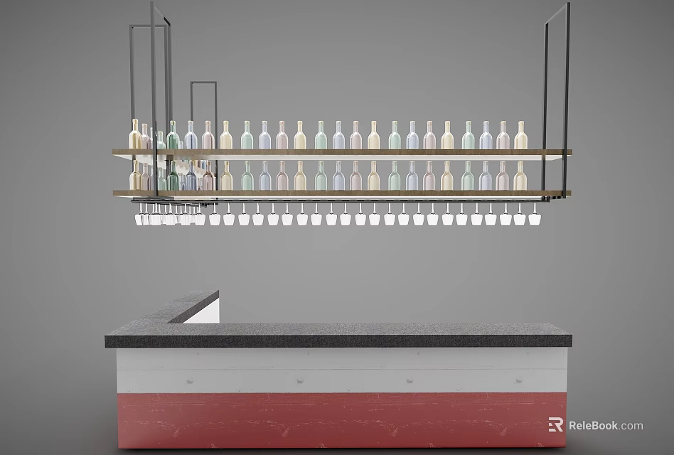 Modern Bar Counter With Hanging Shelves Holding Bottles And Wine Glasses 3d model 