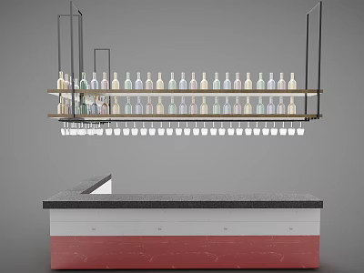 Modern Bar Counter With Hanging Shelves Holding Bottles And Wine Glasses 3d model