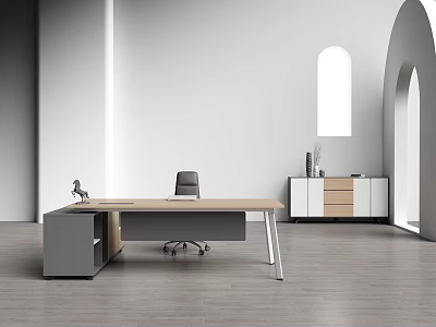 Modern Office Desk With Wooden Top Gray Frame Gray Chair And Side White Wooden Cabinet 3d model
