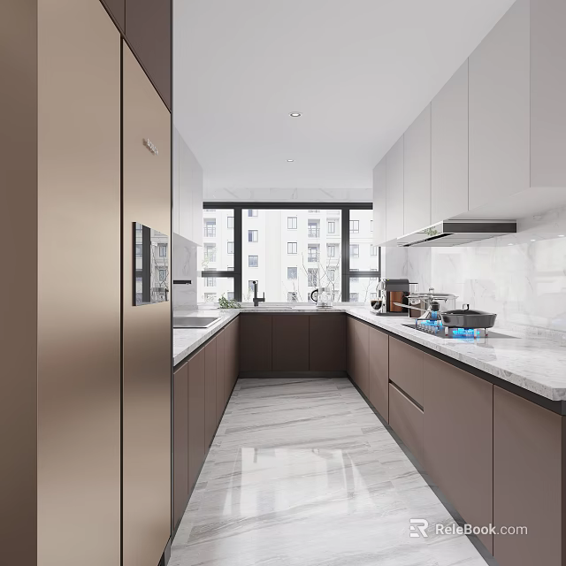 Modern Kitchen Interior With Light And Dark Cabinets Marble Countertop And Windows 3d model