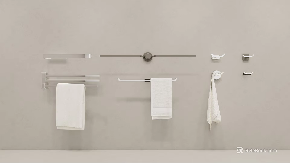 Bathroom Accessories Including Towel Racks Bars And Hooks With White Towels On Wall 3d model 