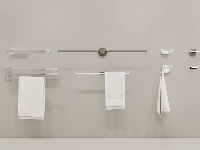 Bathroom Accessories Including Towel Racks Bars And Hooks With White Towels On Wall 3d model