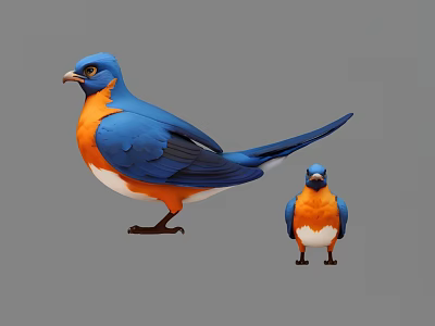 Two Vibrant Blue and Orange Birds Large and Small Standing Next to Each Other 3d model