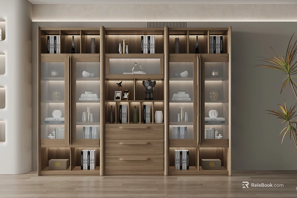 Elegant Modern Wooden Bookcase With Glass Doors Lighted Shelves And Decorative Items 3d model 