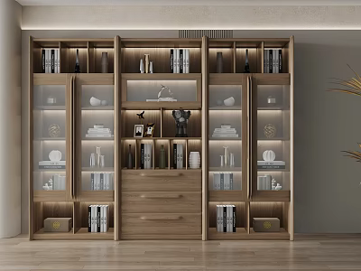 Elegant Modern Wooden Bookcase With Glass Doors Lighted Shelves And Decorative Items 3d model
