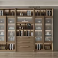 Elegant Modern Wooden Bookcase With Glass Doors Lighted Shelves And Decorative Items