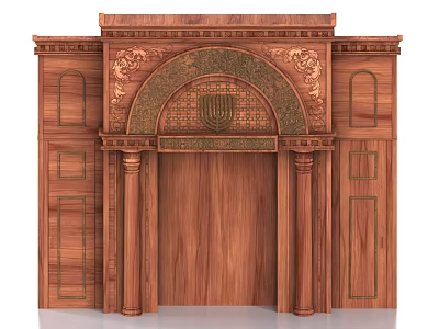 Traditional Wooden Arched Door with Ornate Carvings and Side Columns 3d model