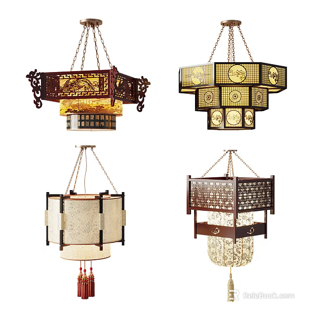 Traditional Chinese Style Chandeliers With Wooden Carved Frames Hollow Patterns And Tassel Details 3d model 