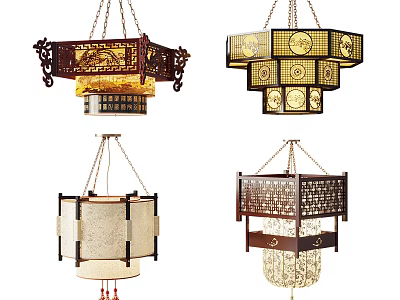 Traditional Chinese Style Chandeliers With Wooden Carved Frames Hollow Patterns And Tassel Details 3d model