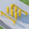 Industrial Equipment With Yellow Silos And Cranes On Concrete Paved Ground