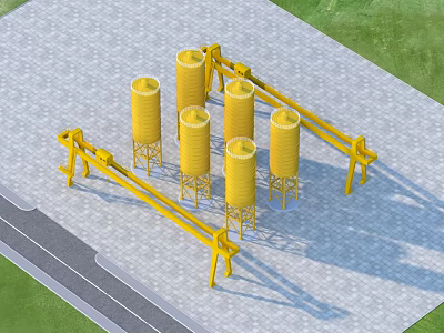 Industrial Equipment With Yellow Silos And Cranes On Concrete Paved Ground 3d model