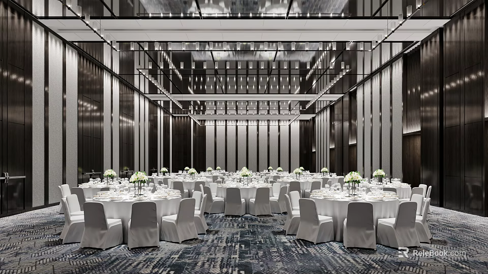 Luxurious Ballroom With Round Tables White Chair Covers And Elegant Lighting 3d model 