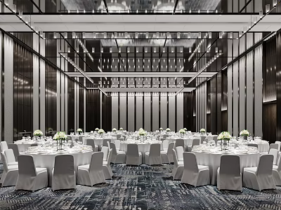 Luxurious Ballroom With Round Tables White Chair Covers And Elegant Lighting 3d model