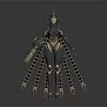 Mechanical Female Character Armored Design With Gold Black Accents Spikes And Combat Weapons