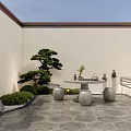 Serene Courtyard Garden With Rockery Bamboo Shrubs White Walls Black Doors And Stone Pavement