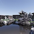 Chinese Courtyard Garden With Pond Lotus Leaves Rock Formations And Pavilion
