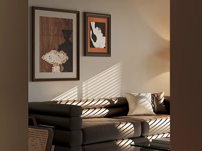 Abstract Paintings On Wall In Modern Living Room With Sofa And Sunlight Shadows 3d model