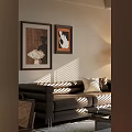 Abstract Paintings On Wall In Modern Living Room With Sofa And Sunlight Shadows
