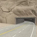 Scenic Desert Highway Leading To Tunnel Through Rocky Cliffs And Sand Dunes