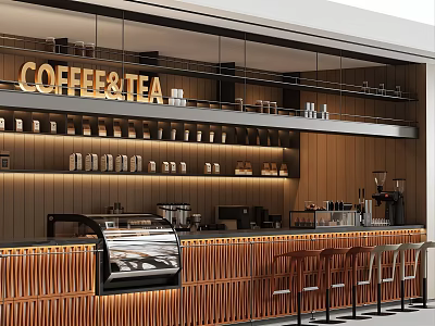Modern Coffee And Tea Shop Interior With Wooden Counter Coffee Equipment Display Shelves And Chairs 3d model