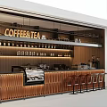 Modern Coffee And Tea Shop Interior With Wooden Counter Coffee Equipment Display Shelves And Chairs