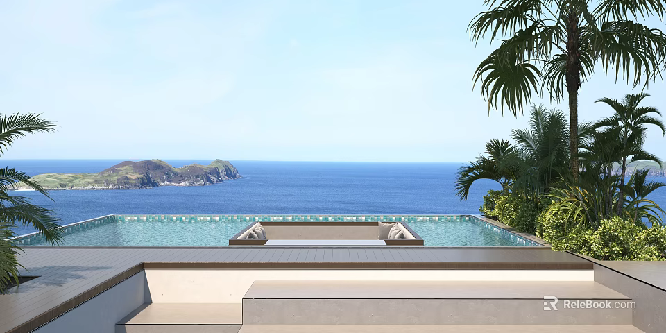 Tropical Garden Landscape with Swimming Pool Loungers Ocean View and Palm Trees 3d model 