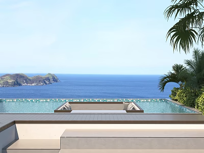 Tropical Garden Landscape with Swimming Pool Loungers Ocean View and Palm Trees 3d model