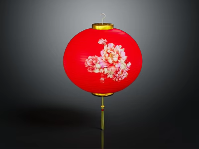 Red Home Decor Lantern Featuring Pink Peony Flowers And Golden Accent Top Design 3d model