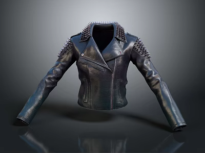 Black Leather Biker Jacket with Spiked Lapel and Sleeves for Edgy Fashion 3d model