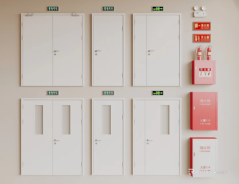 White Flush Doors With Glass and Solid Panels Alongside Fire Safety Equipment 3d model 