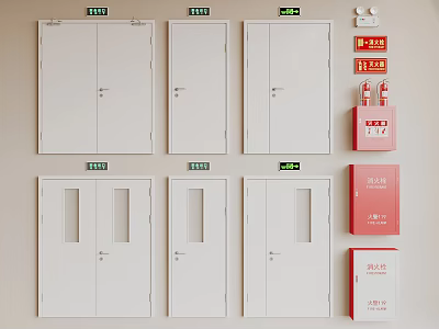 White Flush Doors With Glass and Solid Panels Alongside Fire Safety Equipment 3d model