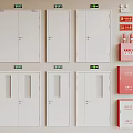 White Flush Doors With Glass and Solid Panels Alongside Fire Safety Equipment