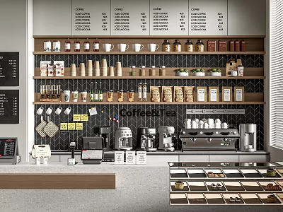 Functional Coffee Shop Table With Coffee Equipment Tea Supplies And Organized Jars 3d model
