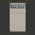 Double Bed With Wooden Headboard Mattress And Blue White Checkered Pillows