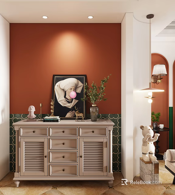 Modern Entryway Console Table with Orange Wall Decorative Painting Green Plant and Drawers 3d model 