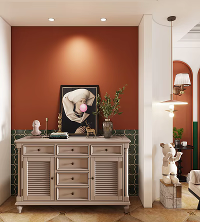 Modern Entryway Console Table with Orange Wall Decorative Painting Green Plant and Drawers 3d model