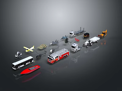 Various Toy Vehicle Models Including Fire Truck Bus Ambulance Plane And Boat 3d model