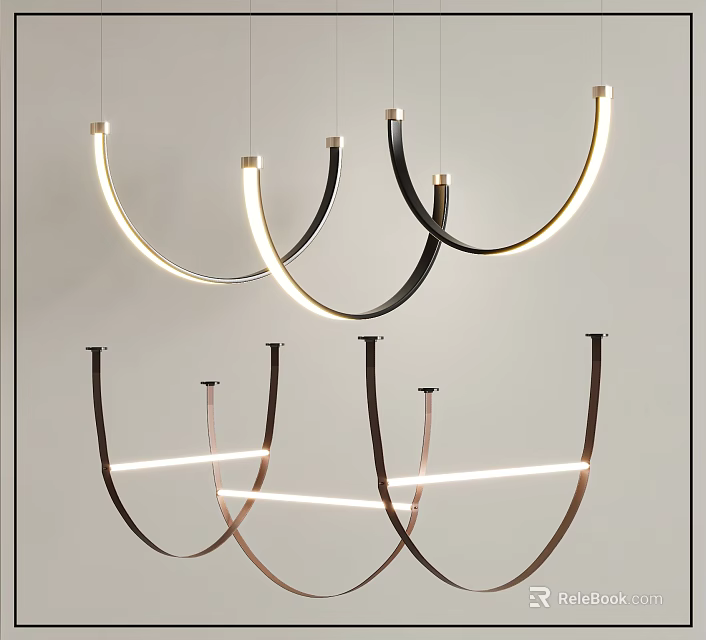 Modern Curved Metal LED Pendant Chandeliers With Minimalist Design And Sleek Lines 3d model 