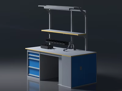 Practical Workbench Featuring Metal Shelves Blue Drawers Countertop And Storage Cabinets 3d model