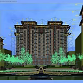 Modern Mid Rise Residential Building With Lush Green Trees And Central Fountain Courtyard