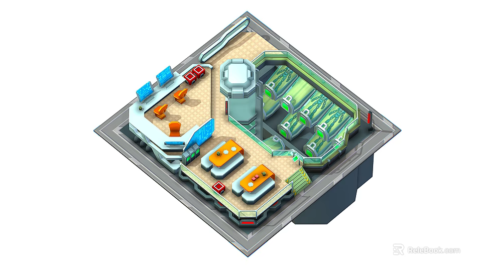 Cartoon Scene Featuring Colorful Building Layout Control Consoles Tower Structure Green Equipment And Blue Panels 3d model 