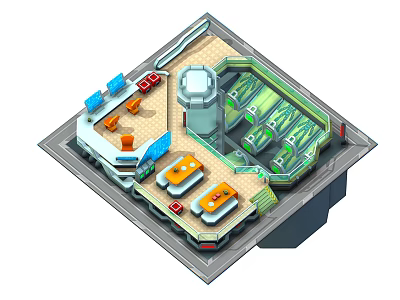 Cartoon Scene Featuring Colorful Building Layout Control Consoles Tower Structure Green Equipment And Blue Panels 3d model