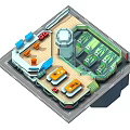 Cartoon Scene Featuring Colorful Building Layout Control Consoles Tower Structure Green Equipment And Blue Panels