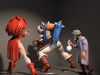 Colorful Character Dolls With Red Hair Spiked Armor Purple Robe And Potion Bottle 3d model