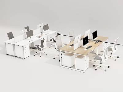 Modern Office Desks With White Wooden Surfaces Computers Monitors And Ergonomic Chairs 3d model