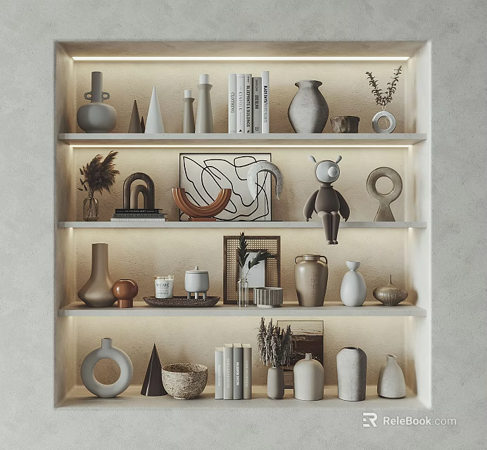 Decorative Ornament Set on Display Shelves with Vases Books Sculptures Geometric Shapes and Warm Lighting 3d model 