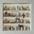 Decorative Ornament Set on Display Shelves with Vases Books Sculptures Geometric Shapes and Warm Lighting